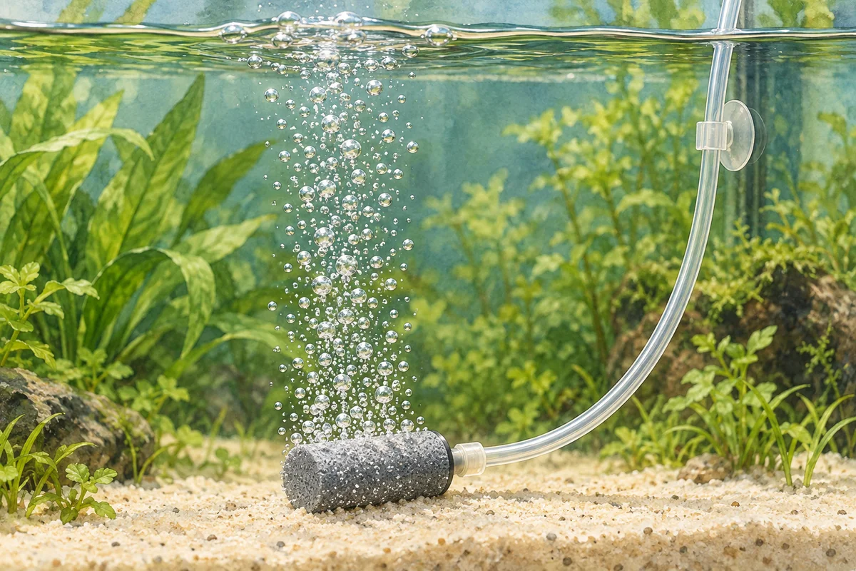 水中の小さなエアストーンにつながる細い空気チューブと、水面へ上がる気泡を示す説明イラスト