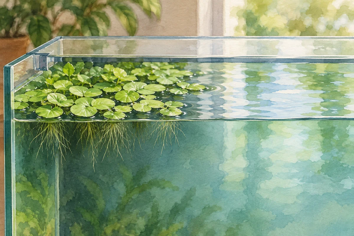 水面の一部に浮く葉と水中に伸びる根、その下の陰と覆われていない水面を示す説明イラスト