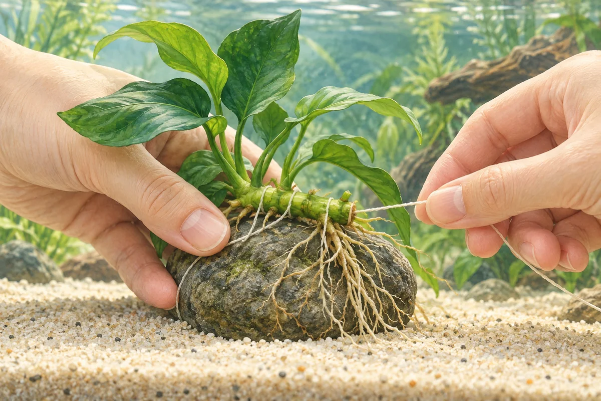 水草の太い根茎を底床に埋めず、糸で石へ固定する説明イラスト