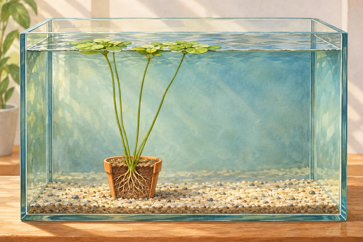 底の容器に根元を置き、茎が水面の浮葉へつながる水草の説明イラスト