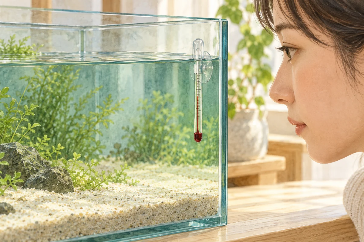 水槽に入れた水温計を外から読み、実際の水温を確かめる説明イラスト