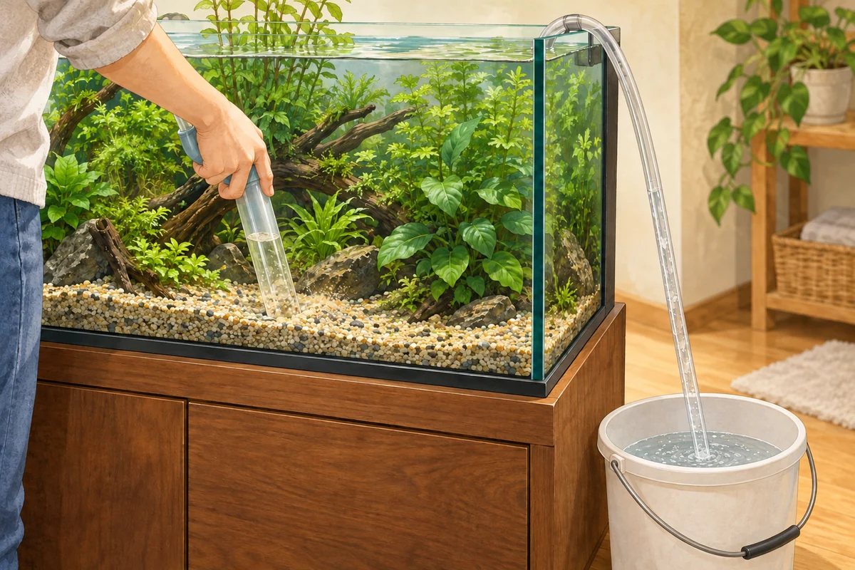 水槽から専用バケツへホースで水を移し、底の汚れを手入れする説明イラスト