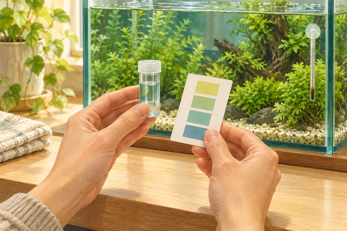 水温計と採水した水を使い、水槽の状態を確認する説明イラスト