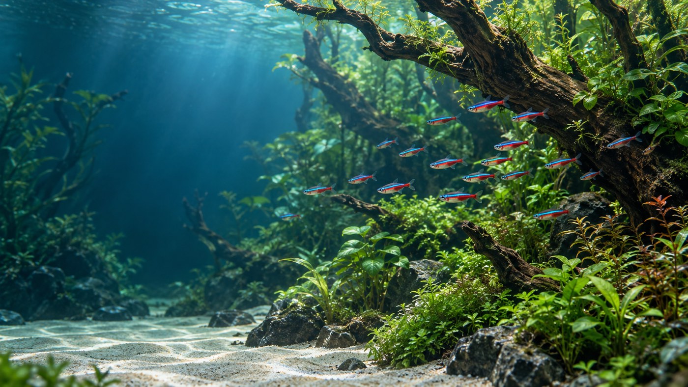 水草と流木の間を小魚が泳ぐ水景のAIイメージ